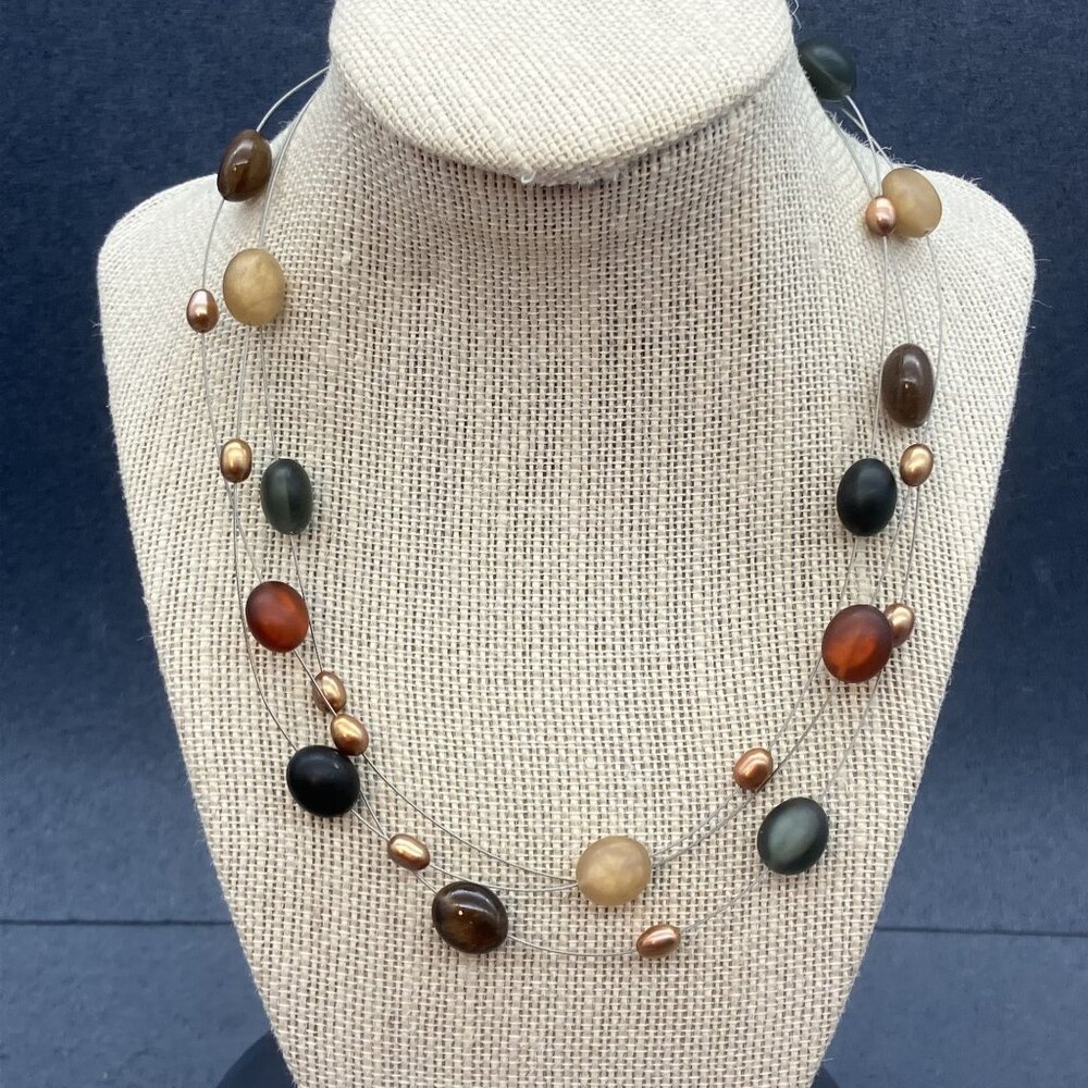 Triple Strand Illusion Necklace 16 In Silver Multicolored Red Envelope Gift Box